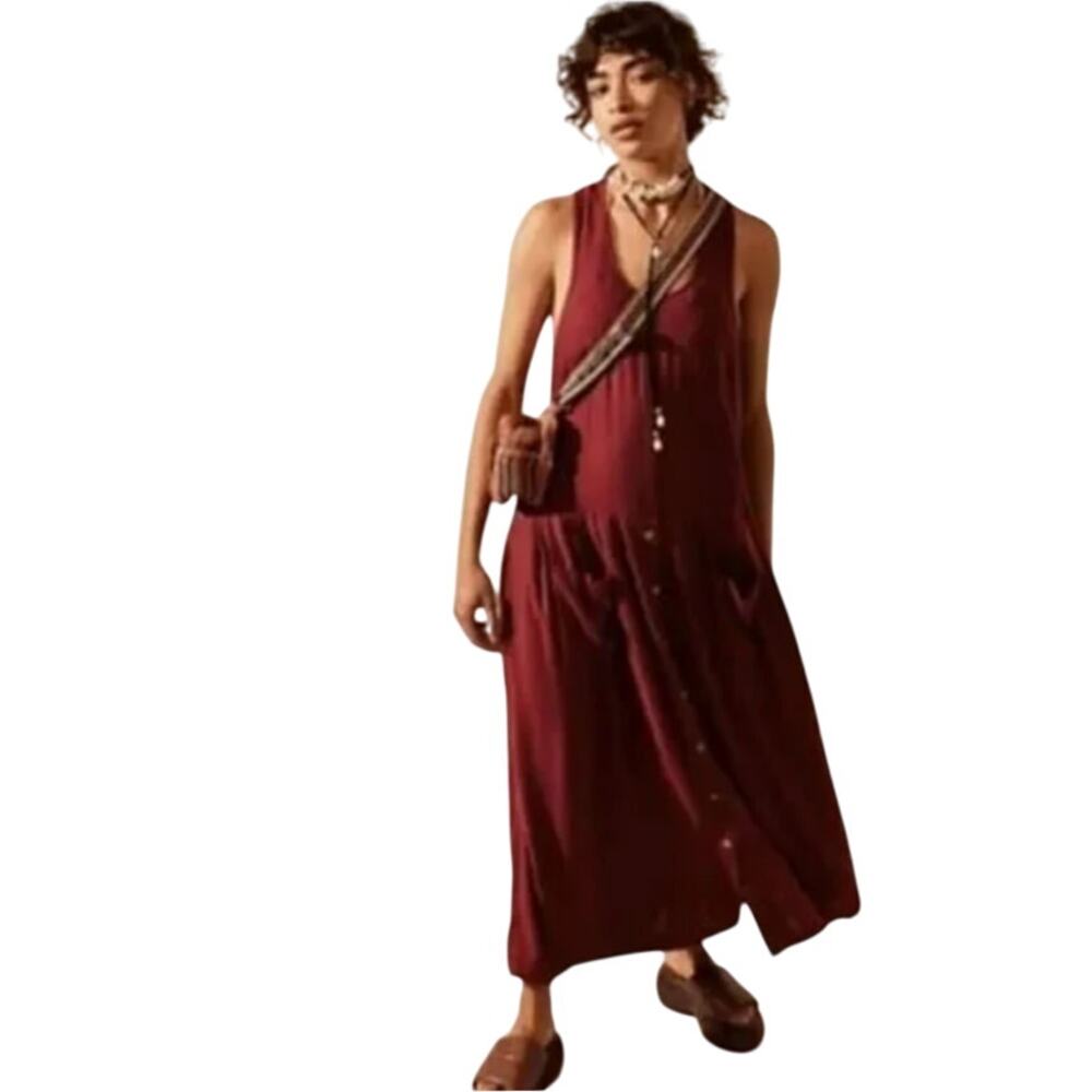 Free People Runaway With Me Easy Going Maxi Dress Linen Blend Boho Peasant XS